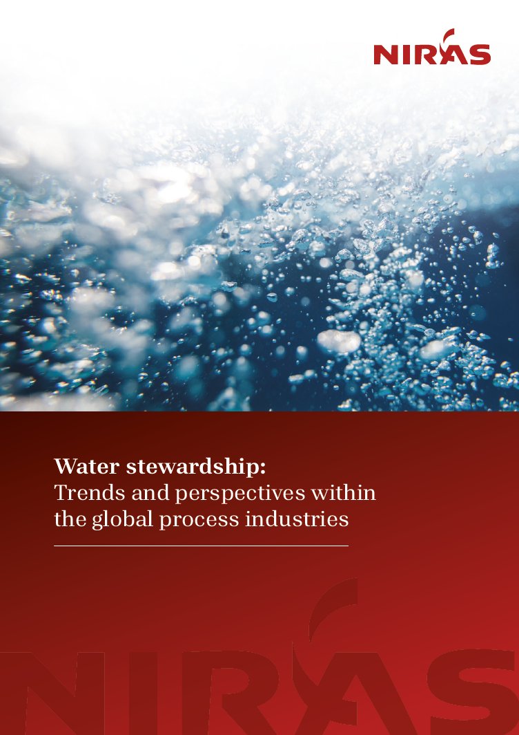 "Cover page of a report by NIRAS titled 'Water Stewardship: Trends and perspectives within the global process industries,' featuring an underwater view with bubbles and a red design section at the bottom.